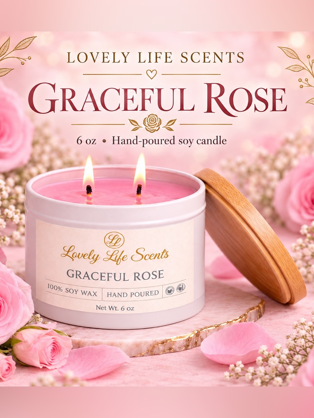 Graceful Rose Hand Poured Double Wick 100% Premium Soy Wax Candle Tin